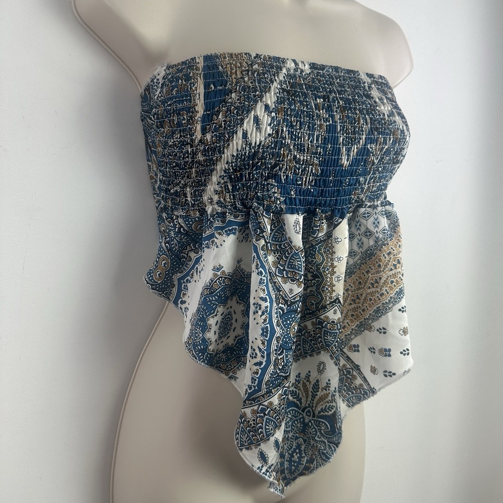 Blue White Bandana Top Women XS Tie Back Smocked Festival Indie Sleaze Y2K